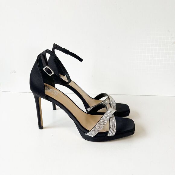 Vince Camuto Kalvira 2 Platform Heels Silver Rhinestone Black Satin Size 8 NWOB - Picture 5 of 15